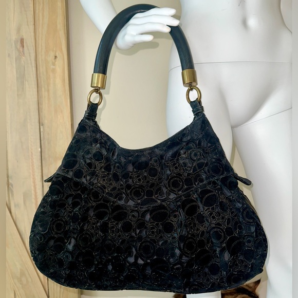 Spectacular lVintage R&Y Augousti black suede leather bronze handbag larg… - Picture 5 of 7